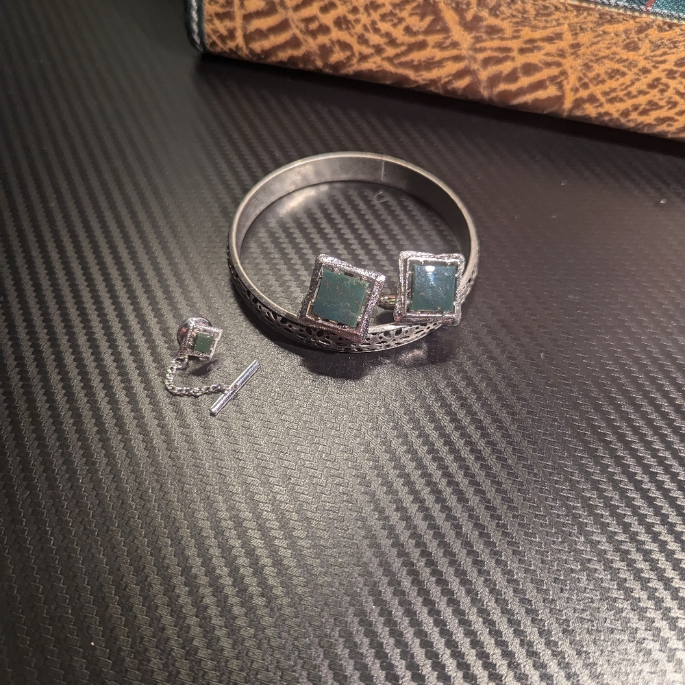 Anson Sterling Jasper Cufflinks and Tie Pin